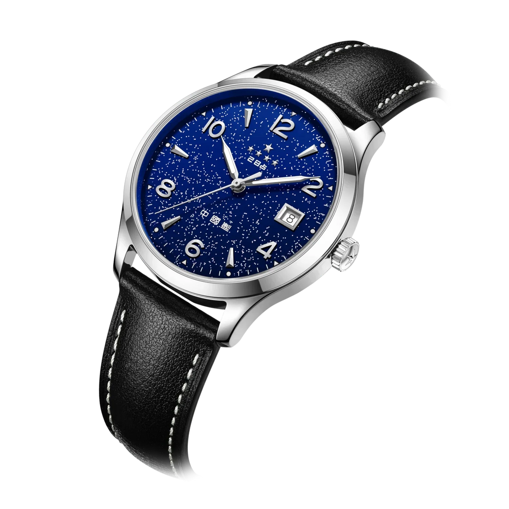 1955 Wuxing Five Stars Reissue Blue Enamel Silver-Sprinkled Dial Vintage Dress Watch 39mm