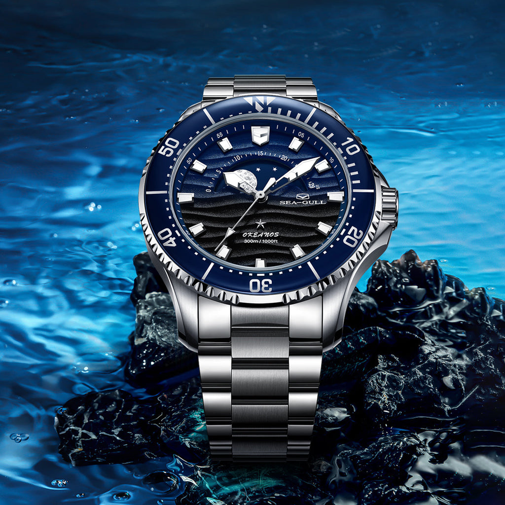 Ocean Series Pro 300m Moon Phase Gradient Wave-textured Dial Diving Watch 43.5mm