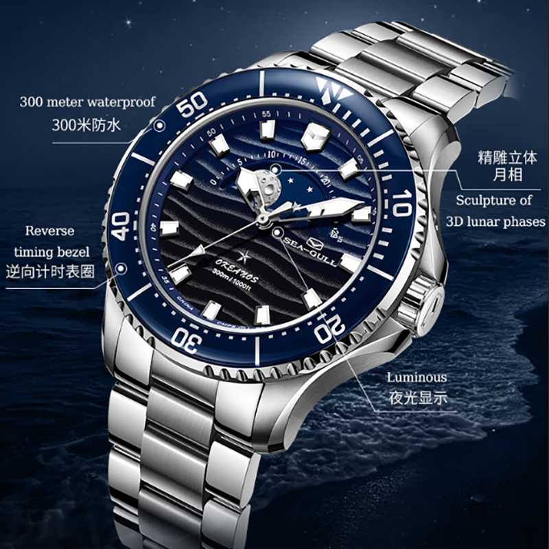 Ocean Series Pro 300m Moon Phase Gradient Wave-textured Dial Diving Watch 43.5mm