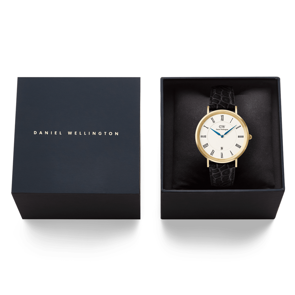 Classic Roman Numerals Date Black Croc Belly Gold